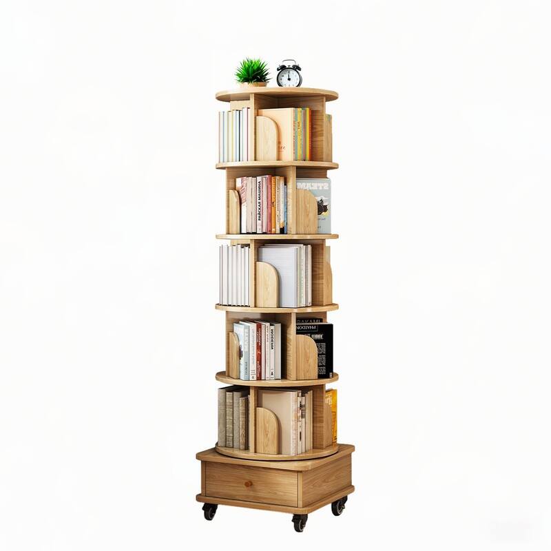 6 Tier Display Round Spinning Bookshelf with Wheels,Wood Color