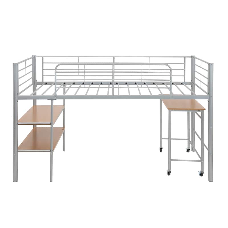 Twin Size Metal Loft Bed with Desk and Shelves