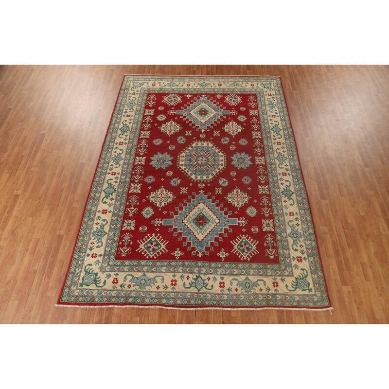 Red Geometric Kazak Oriental Area Rug Handmade Traditional Wool Carpet - 8'4"x 11'7"