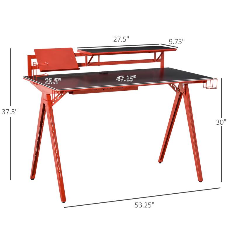 HOMCOM Gaming Desk Workstation with Monitor Shelf, Gamepad Rack, Cup Holder, Headphone Hook, and Cable Basket, Red