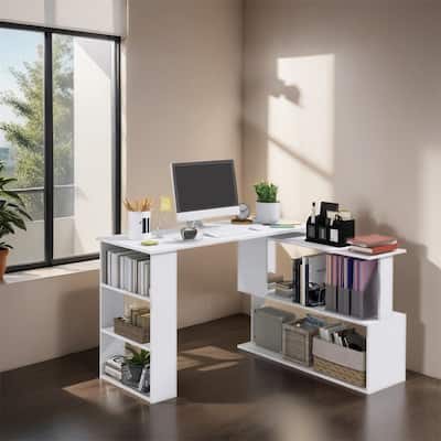 L Shaped Corner Desk,360 Degree Rotating Home Office Desk w/Shelves
