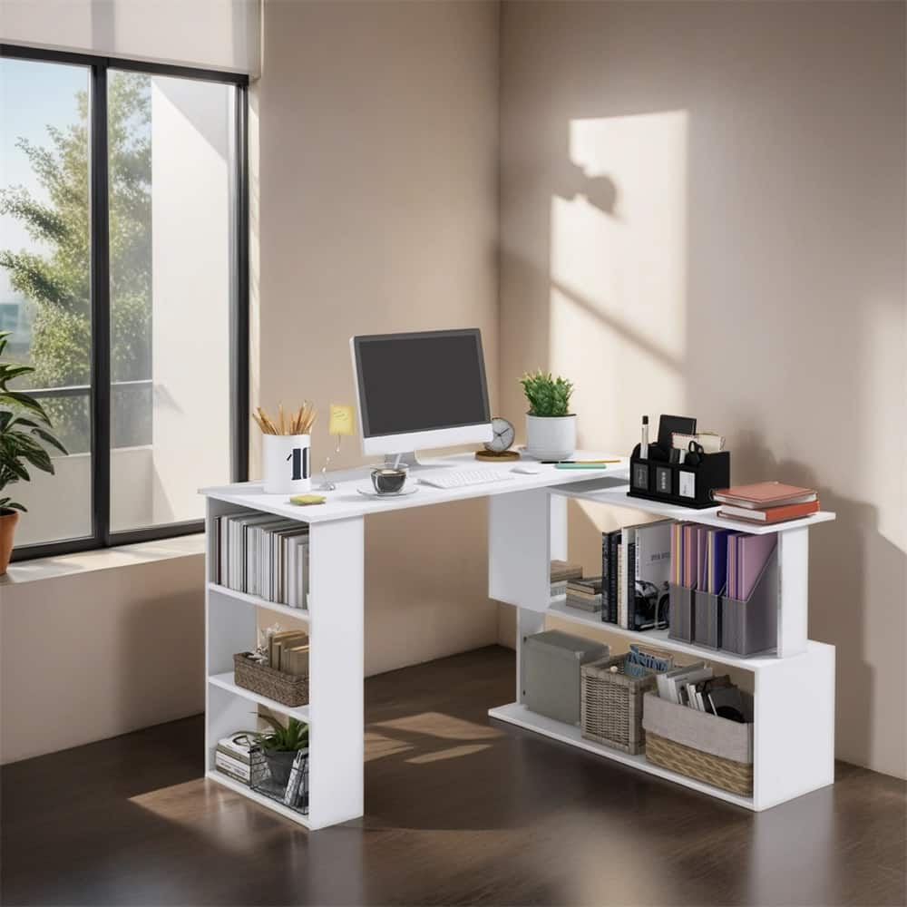 L Shaped Corner Desk,360 Degree Rotating Home Office Desk w/Shelves