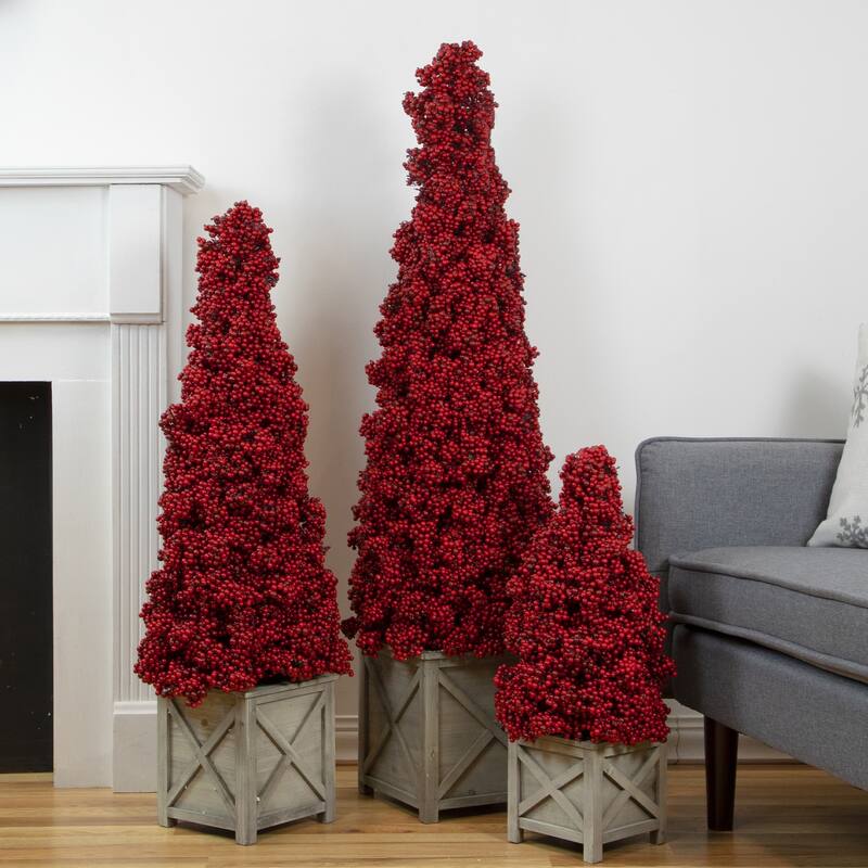 Artificial Berry Cone Potted Christmas Topiary - 40" - Red - 3-to-6-feet