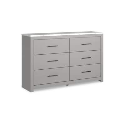 59 Inch Modern Wide Dresser, Dove Gray Wood, 6 Drawers, Linear Handles