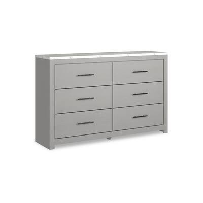 59 Inch Modern Wide Dresser, Dove Gray Wood, 6 Drawers, Linear Handles