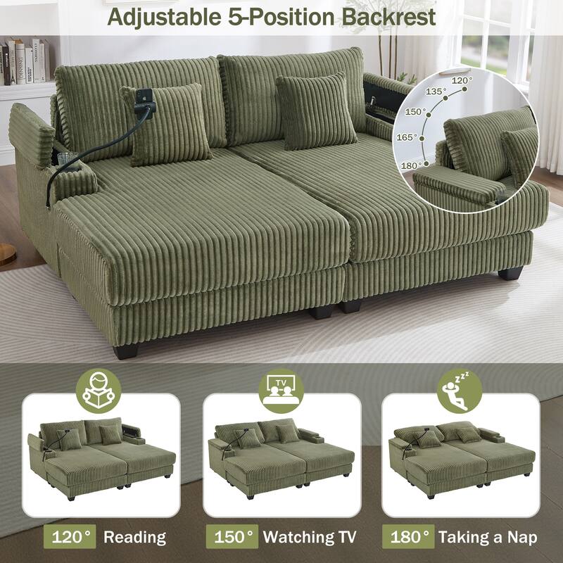 Corduroy Chaise Lounge Sofa Loveseat Sleeper Sofa with Adjustable Backrest, Cup Holders, Phone Holder and Dual Storage Armrest