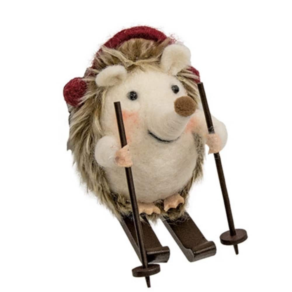 Felt Skiing Hedgehog Christmas Ornament 3 Inch Holiday Tree Decor with Wooden Skis Earmuffs and Ski Poles