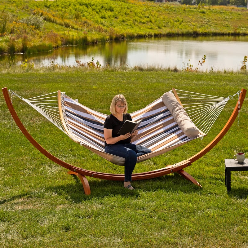 Sunnydaze Quilted Hammock with Curved Bamboo Spreader Bar and Pillow