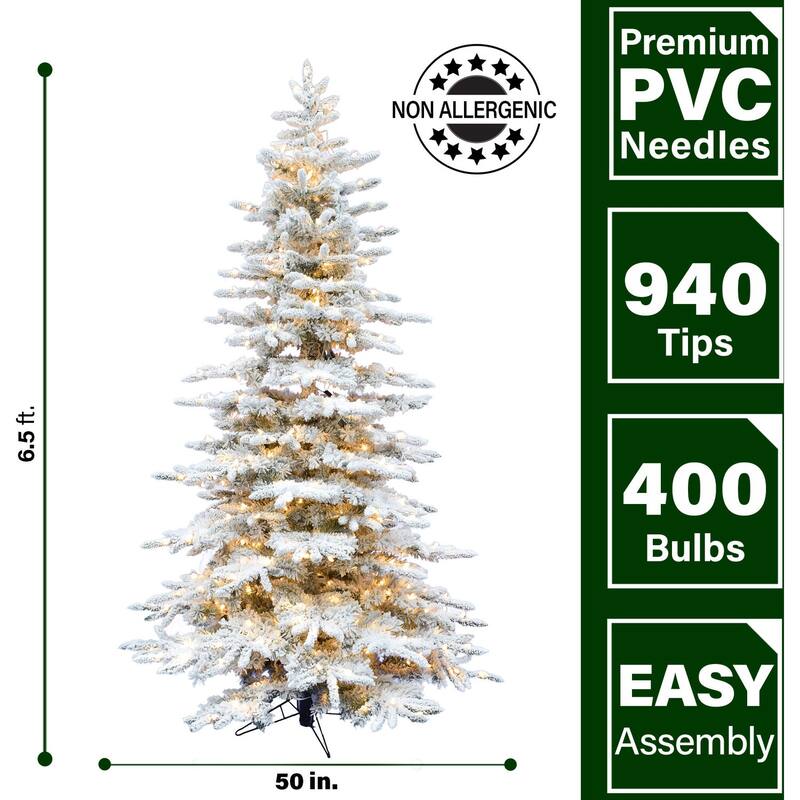 Fraser Hill Farm 6.5-Ft. Flocked Mountain Pine Christmas Tree with Clear LED String Lighting - 6.5 Foot