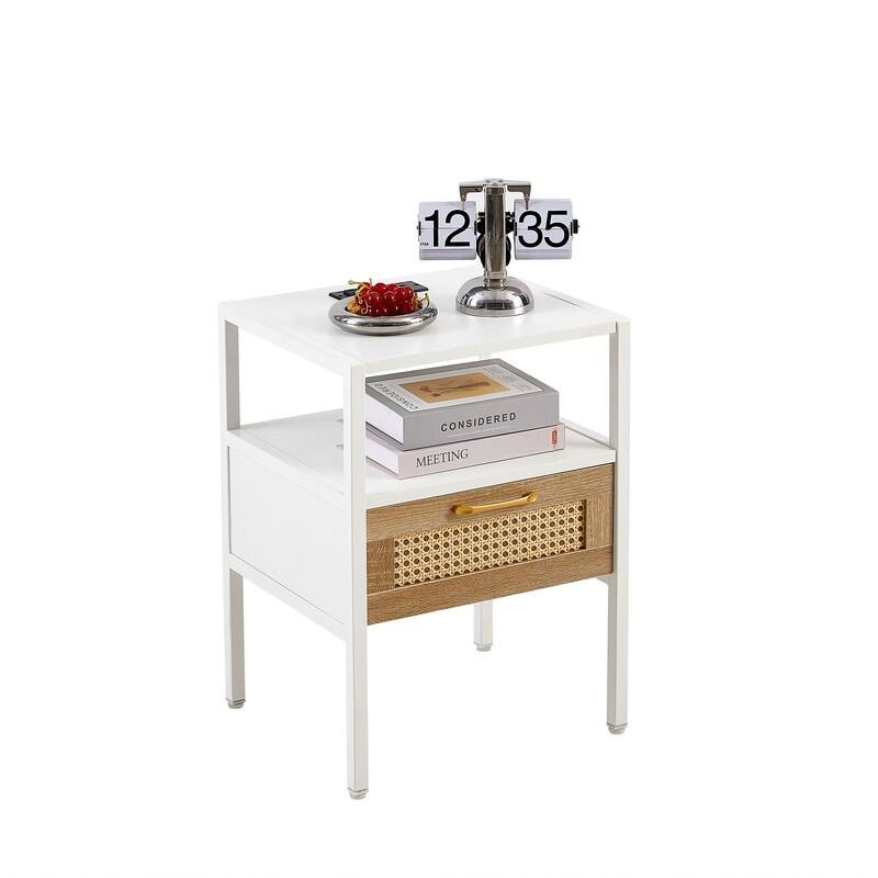 15.75" Modern Rattan End Table with Charging Station Nightstand with Drawer Metal Legs Side Table