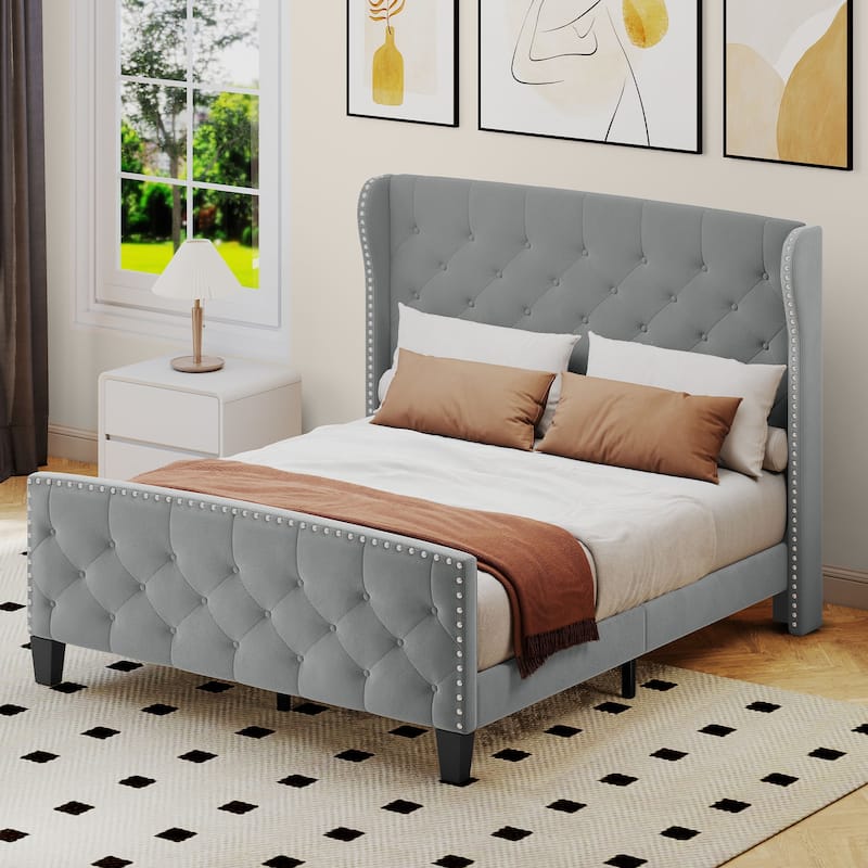 Moasis King Velvet Tufted Upholstered Wingback Platform Bed Frame with Headboard and Footboard - Taupe