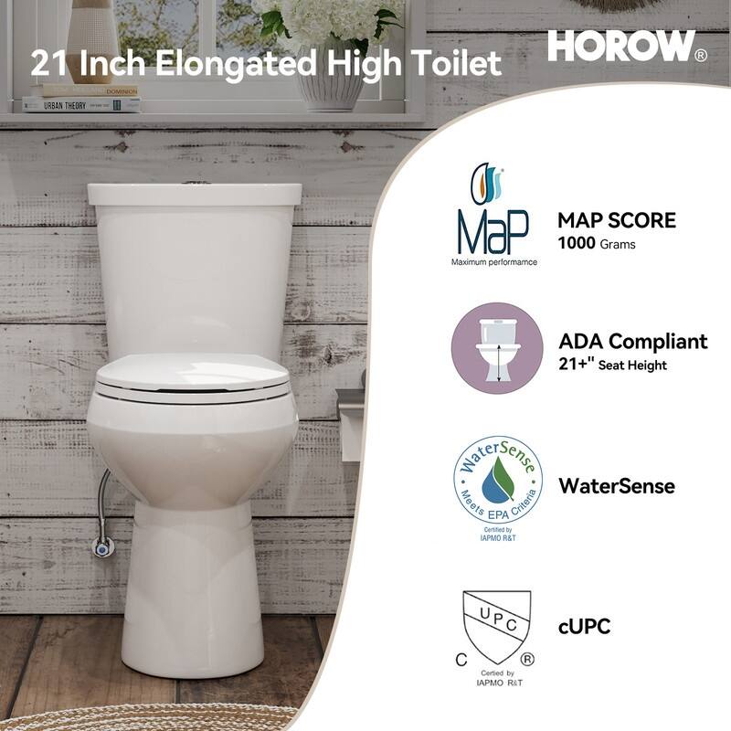 HOROW 21 in. Extra Tall 2-Piece 1.28 GPF Elongated Toilet in White with Comfortable Chair Height Seat and 1000g Powerful Flush