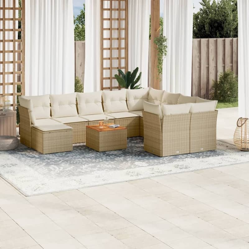 vidaXL Patio Sofa Set with Cushions Outdoor Furniture 11 Piece Poly Rattan - 24.4 x 24.4 x 27.2 - Beige and Cream