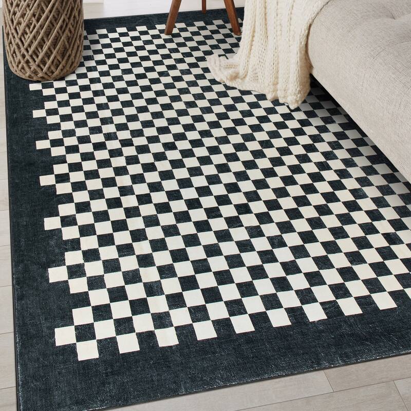 World Rug Gallery Contemporary Checkered Border Washable Non Slip Area Rug - 3'x5'