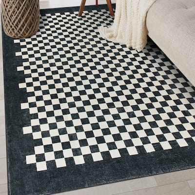 World Rug Gallery Contemporary Checkered Border Washable Non Slip Area Rug