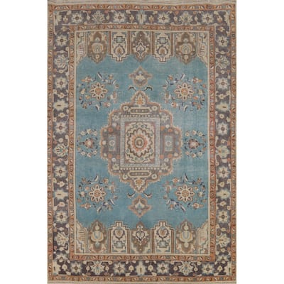 Geometric Blue Tabriz Persian Vintage Rug Hand-Knotted Wool Carpet - 6'7" x 9'7"