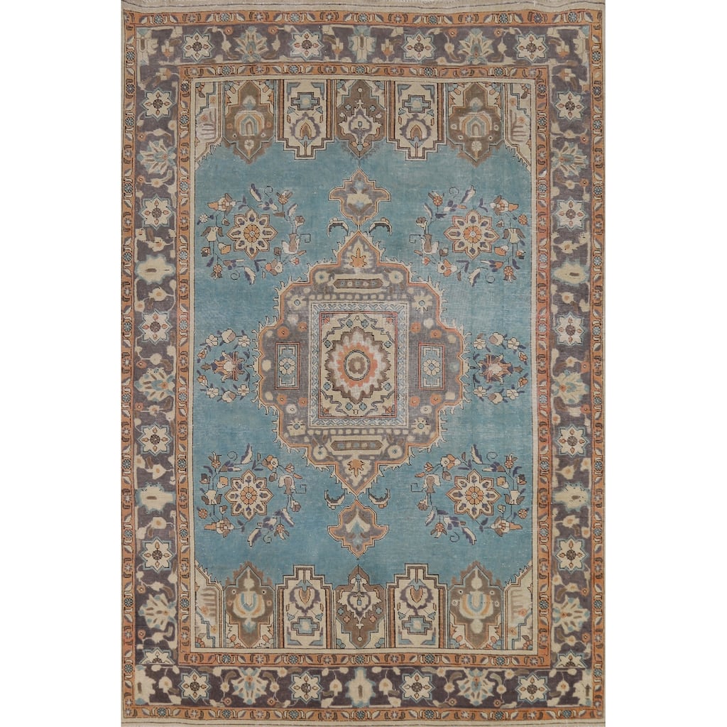 Geometric Blue Tabriz Persian Vintage Rug Hand-Knotted Wool Carpet - 6'7" x 9'7"