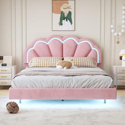Full/Queen Upholstered Smart LED Bed Frame with Elegant Flowers Headboard, Floating Velvet Platform LED Bed