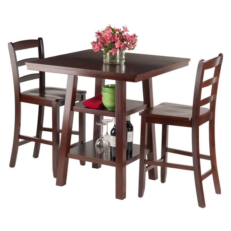 Square Bar Table Set with Ladder Back Chairs and 2 Tier Storage Shelf - 33.8"W x 33.8"D x 36"H