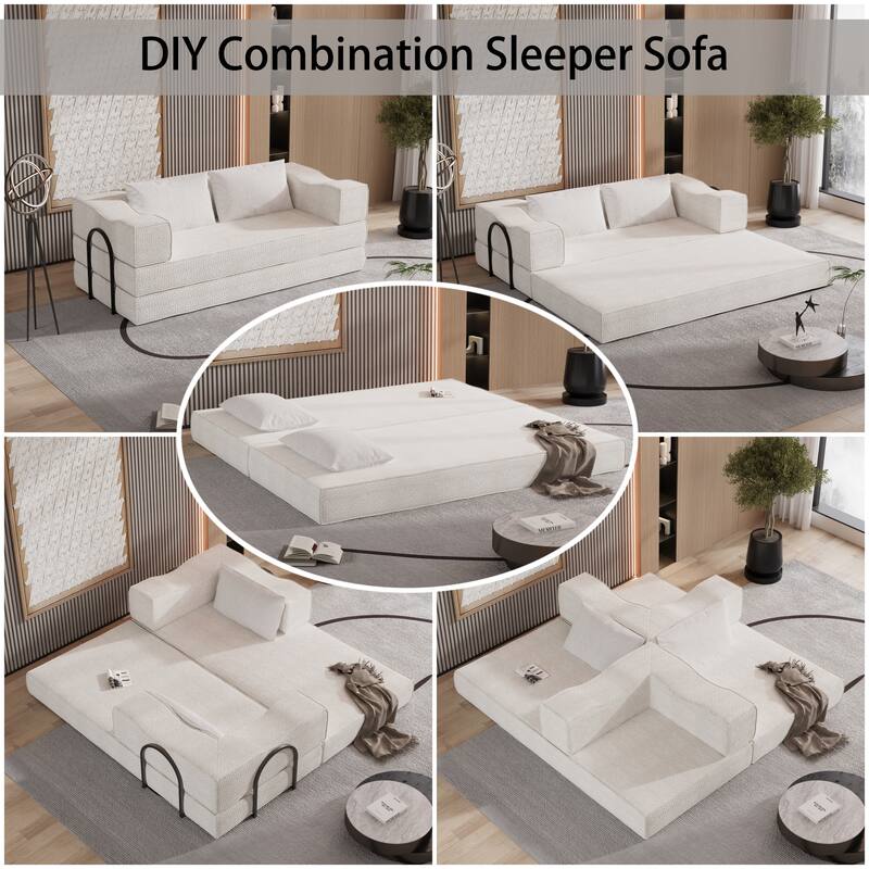80" Convertible Couch Bed with Removable Cushions and Pillows, 3-Seat Folding Floor Couch & King Size Bed Mattress