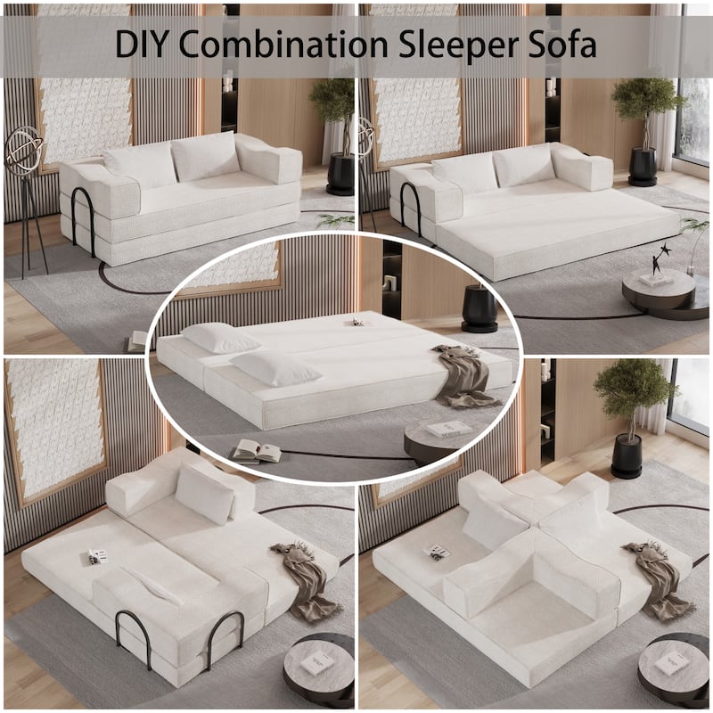 80" Convertible Sofa Bed with 2 Pillows, 2-Seat Folding Floor Couch, Multifunctional Chenille Loveseat Living Room Sleeper Sofa