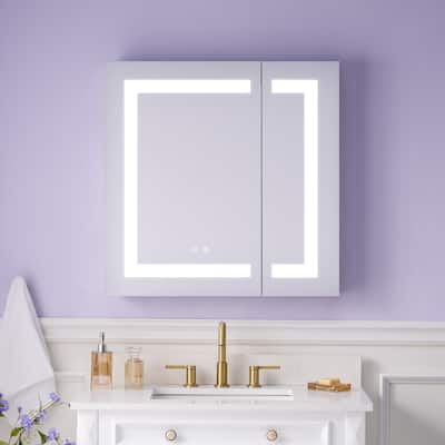 30" H Recessed or Surface LED Mirror Cabinet with Adjustable Glass Shelves,Defogger, Dimmer And Outlets & USB Ports