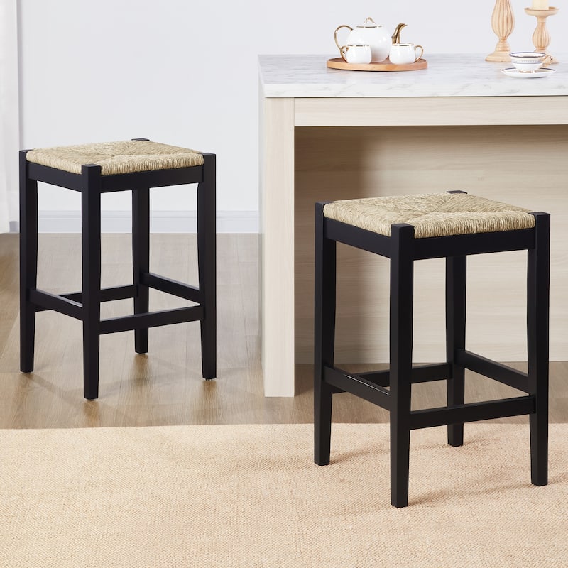 Bohemian 26" H Natural Weave Seagrass Rattan Backless Counter Stools - Set of 2 - Black