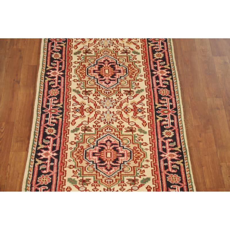 Geometric Traditional Heriz Serapi Runner Rug Hand-Knotted Wool Carpet - 2'7" x 11'10"