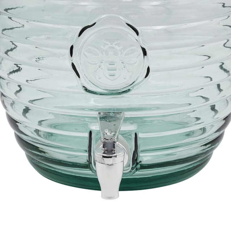 Reclaimed Glass Ribbed Beverage Dispenser with Bee Embossing - 9.5"L x 1.0"W x 9.8"H - 9.5"L x 1.0"W x 9.8"H