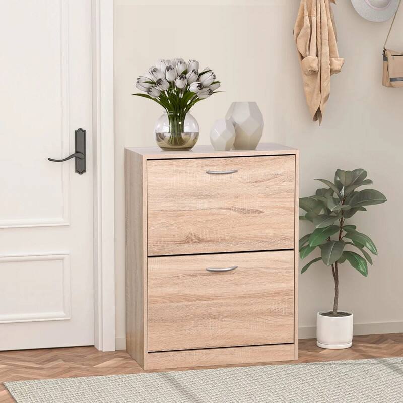 Wooden shoe cabinet with 2 flip drawers that can hold 10 pairs of shoes