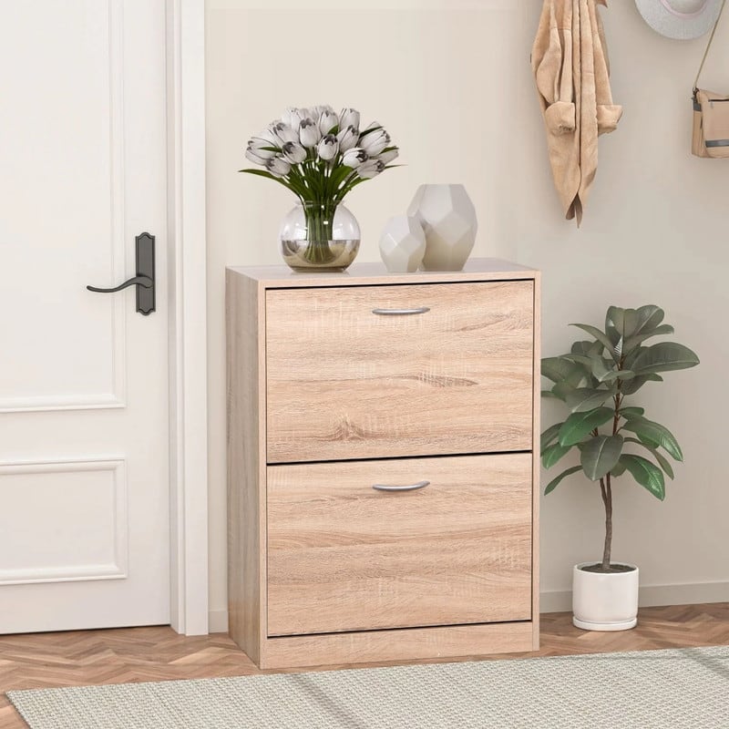 Wooden shoe cabinet with 2 flip drawers that can hold 10 pairs of shoes