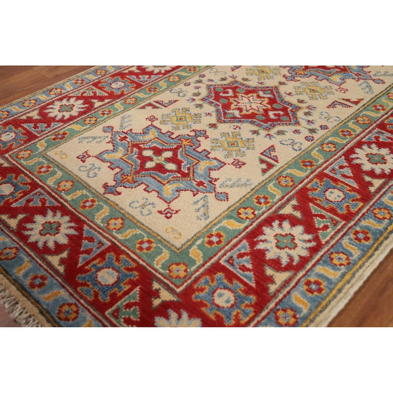 Geometric Kazak Foyer Rug Hand-Knotted Beige Wool Carpet - 2'9"x 3'11"