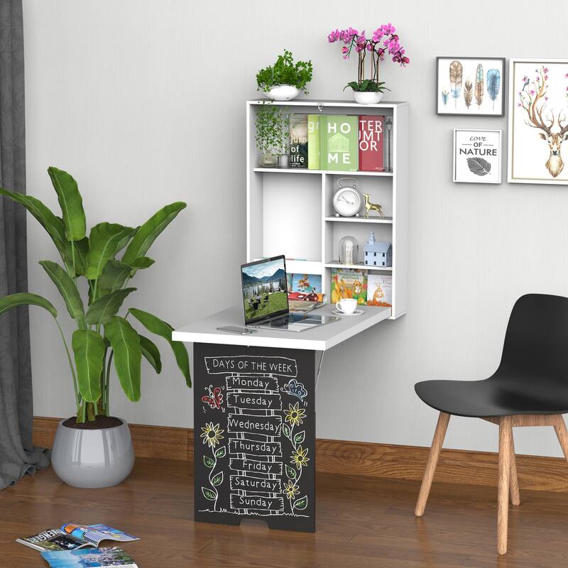 Wall Mounted Foldable Desk with a Blackboard, Fold Out Convertible Floating Desk
