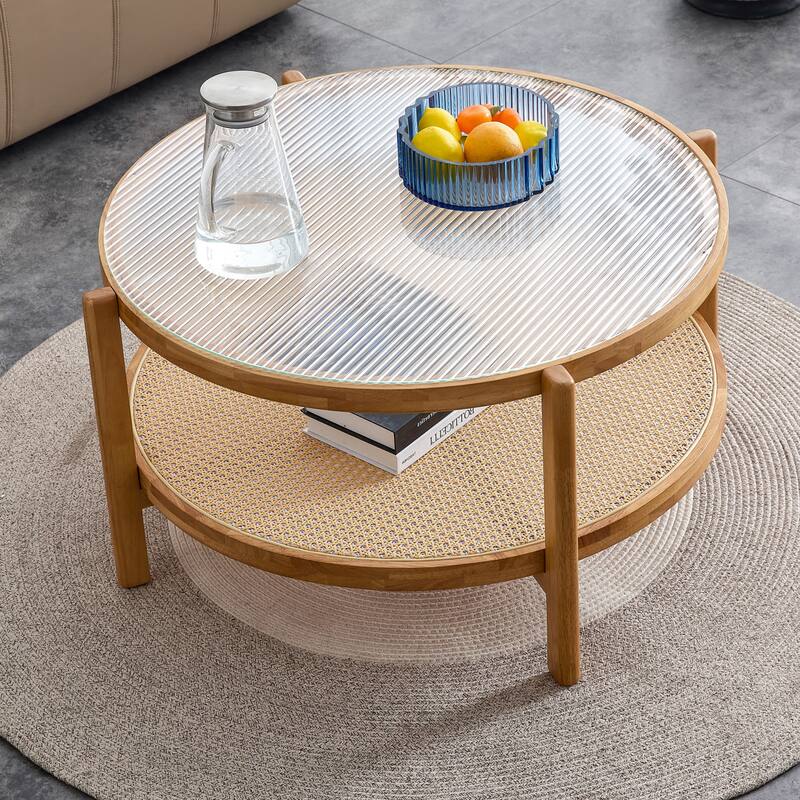 Elegant Round Rattan Weaved Coffee Table with Solid Wood Frame, Double-Layer Design for Living Room or Bedroom