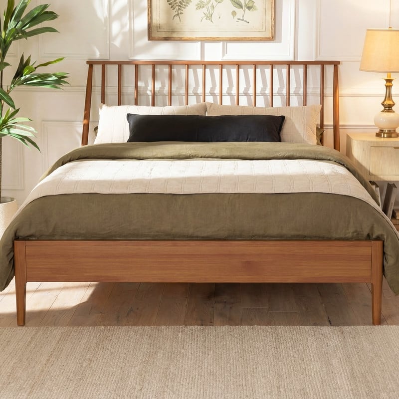 Bohemian Bamboo Spindle Platform Bed Frame with Wooden Slats and Metal Support, No Box Spring Needed, Low Profile Wingback Bed