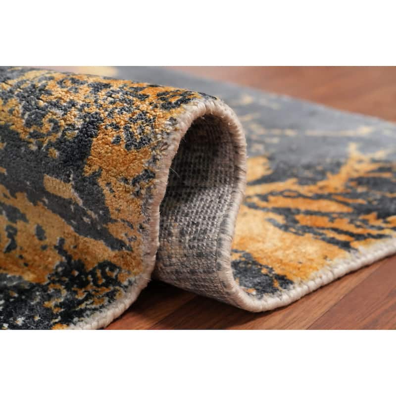 Hand Knotted Oriental Viscose Silk Carpet Modern Pictorial Navy Blue & Blues Abstract Area Rug - 7' 7'' X 5' 8''