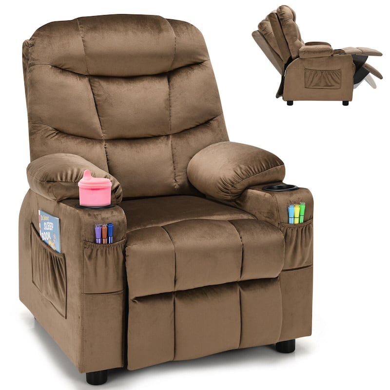 Gymax Kids Youth Recliner Chair Velvet Fabric w/Cup Holder & Side