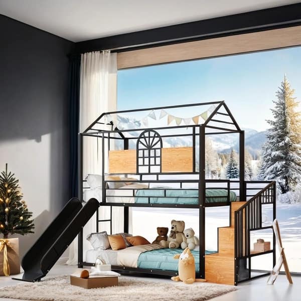 slide 2 of 16, Contemporary Twin Over Twin Metal Bunk Bed, Housebed with Slide and Storage Stair, Maximized Space, Black with Black Slide
