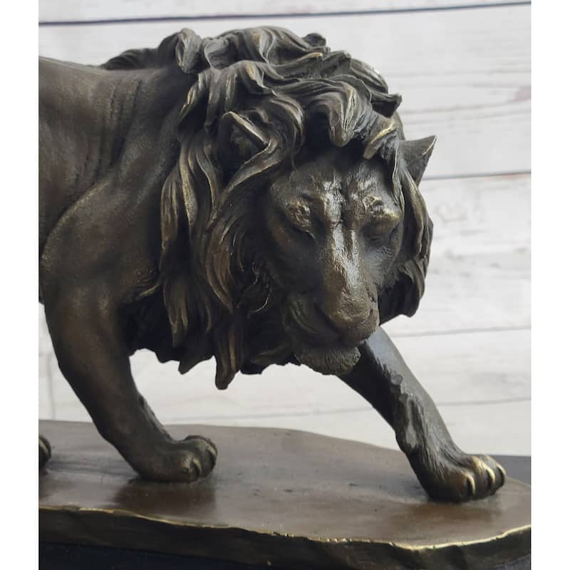 Male Lion Stalking Prey Bronze Sculpture Statue Signed Art On Marble Base