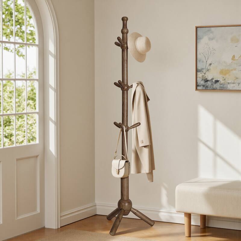 Solid Wood Freestanding Coat Rack Hanger, Coat Tree with 9 Hooks - 74"H x19.29"W