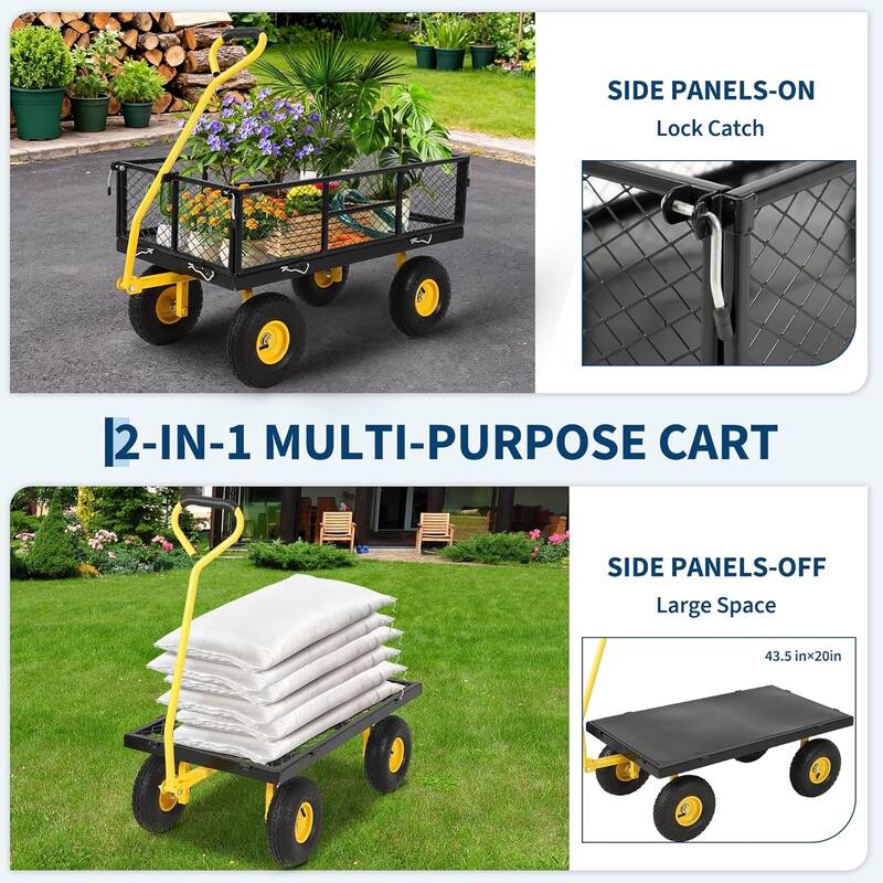 900-lb Capacity Steel Garden Cart Removable Mesh Sides Convert to Flatbed and 180Degree Rotating Handle Black
