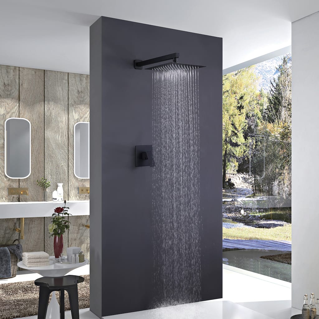 Modland Single Handle Matte Black Rain Shower System with 10" Shower Head and Rough-In Valve