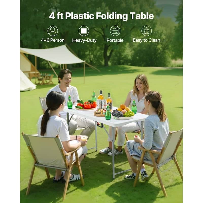 4ft White Portable Folding Camping Table with Adjustable Height for Picnic BBQ Party and Outdoor Use