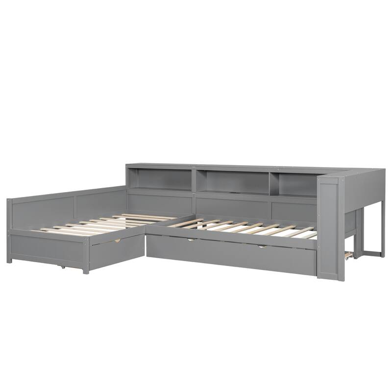 Roomfitters Twin L-Shaped Platform Bed with Trundle, Drawer and Charging Station
