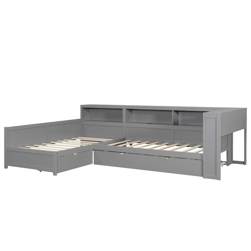Wood Twin Size L-shaped Platform Bed with Trundle, Charging Station and Storage Shelves