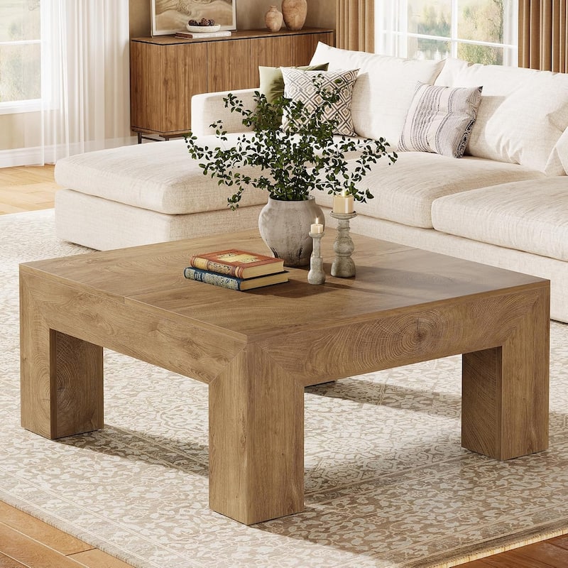 39.4-Inch Square Coffee Table, Farmhouse All Wood Accent Center Cocktail Table - Natural Brown - MDF