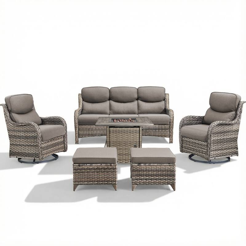 Pocassy Outdoor Propane Fire Pit Table with Sofa Swivel Chair Funiture Set.