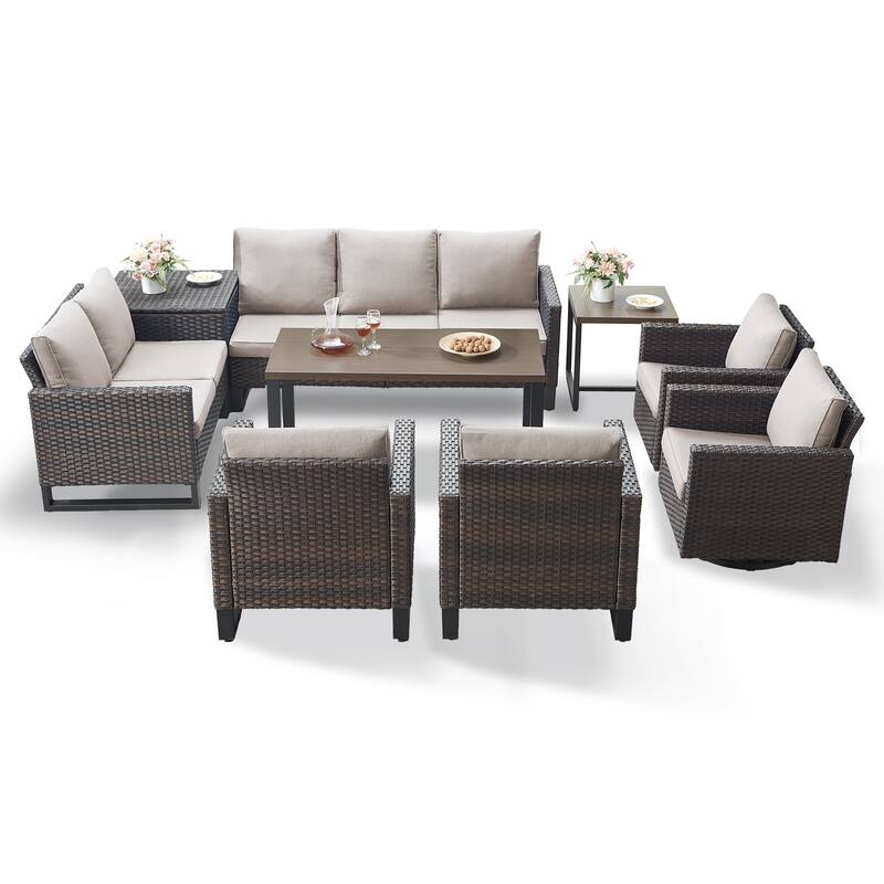 Gymojoy 9 Person Outdoor Courtyard Wicker Family Conversation Set Group With Swivel Chairs And Storage