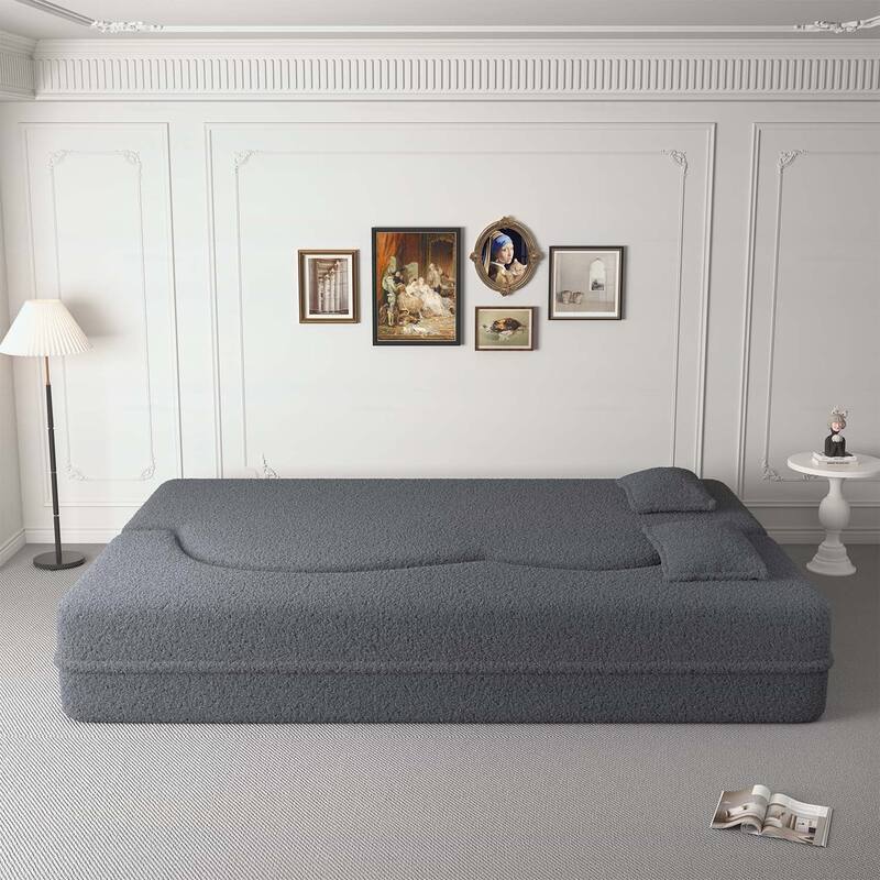 Modern Floor Sofa with 2 Pillows,Convertible Sleeper Sofa Bed - Grey-Teddy Fabric
