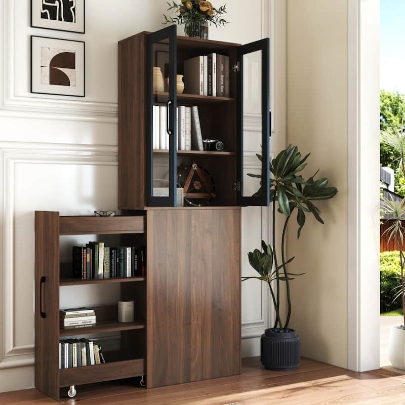 Modern Wooden Bookshelf Display Storage Cabinet with Multi-tier Shelves and 2 Glass Doors